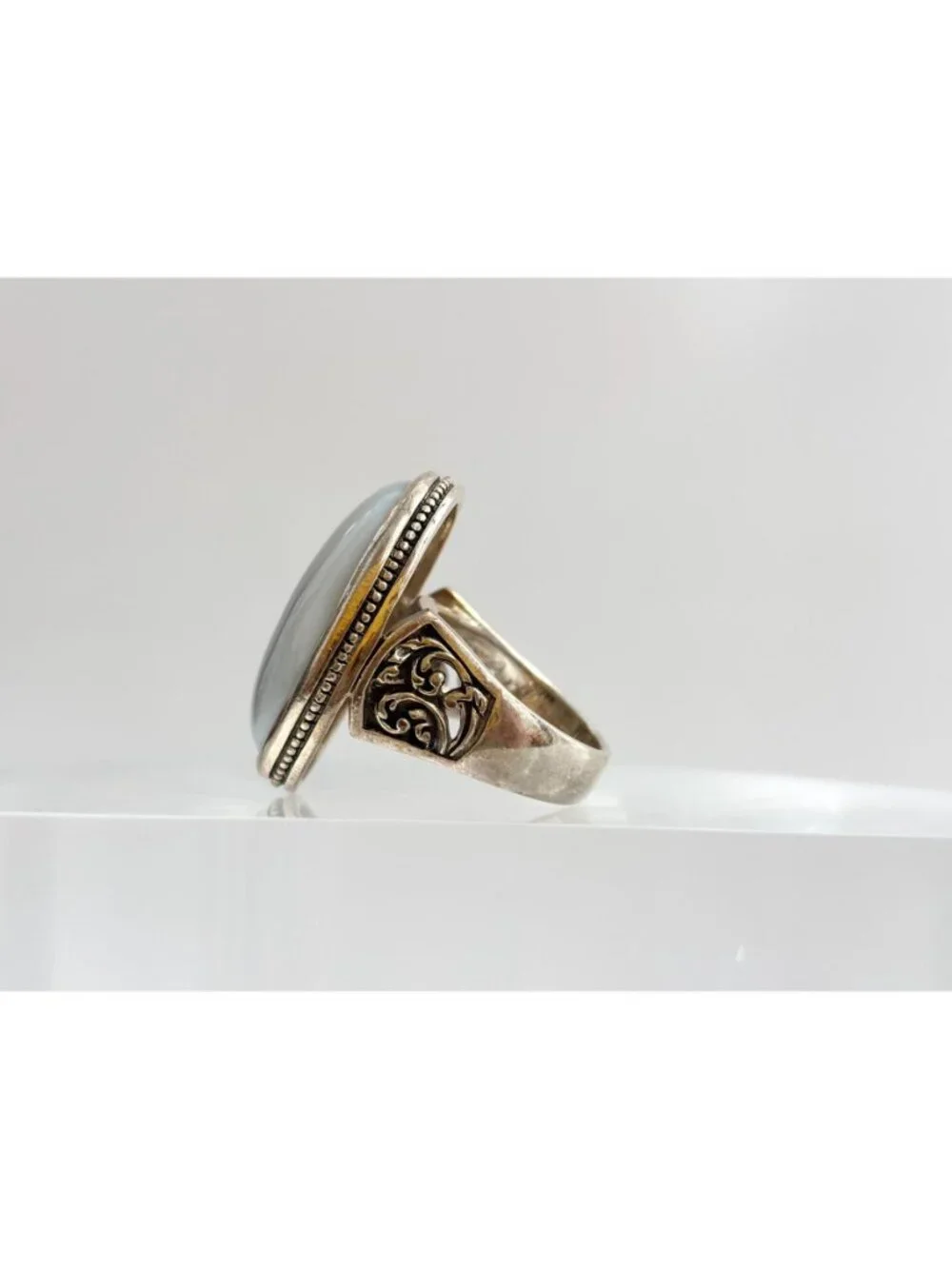 Grey Banded Agate Polished Cabochon Sterling Silver 925 Vintage Ring - sz 8